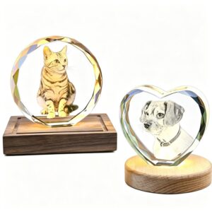 Custom 3D Crystal Pet Portrait Music Box — Engraved Cat & Dog Keepsake with Rechargeable Rotating Warm Light