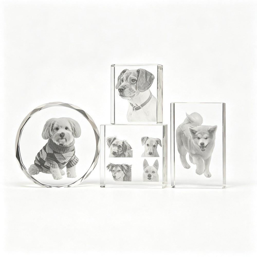 Custom 3D Crystal Pet Portrait Music Box — Engraved Cat & Dog Keepsake with Rechargeable Rotating Warm Light