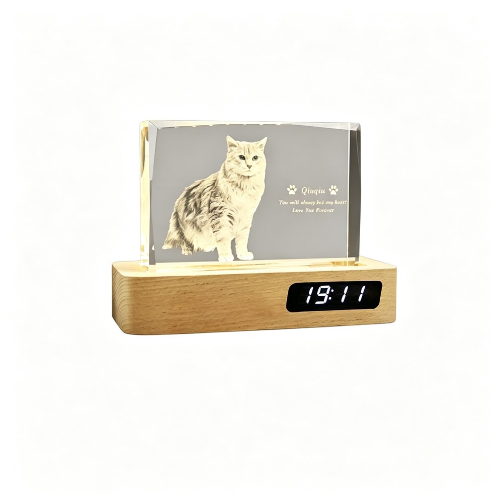 Custom 3D Crystal Pet Photo Clock Lamp — Engraved Dog & Cat Memorial Night Light with LED Clock