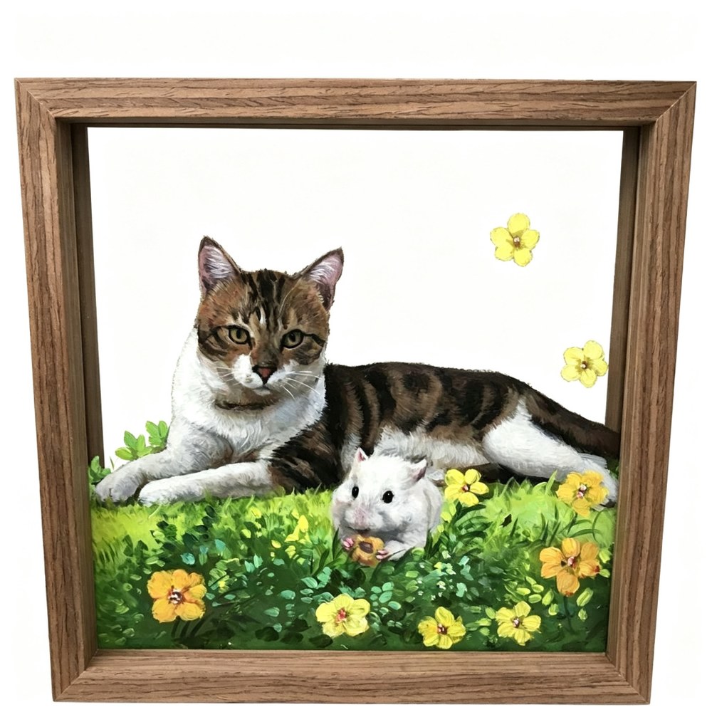 Custom Hand-Painted Pet Oil Painting — Realistic Dog & Cat Portrait Art on Glass Frame, Memorial Artwork