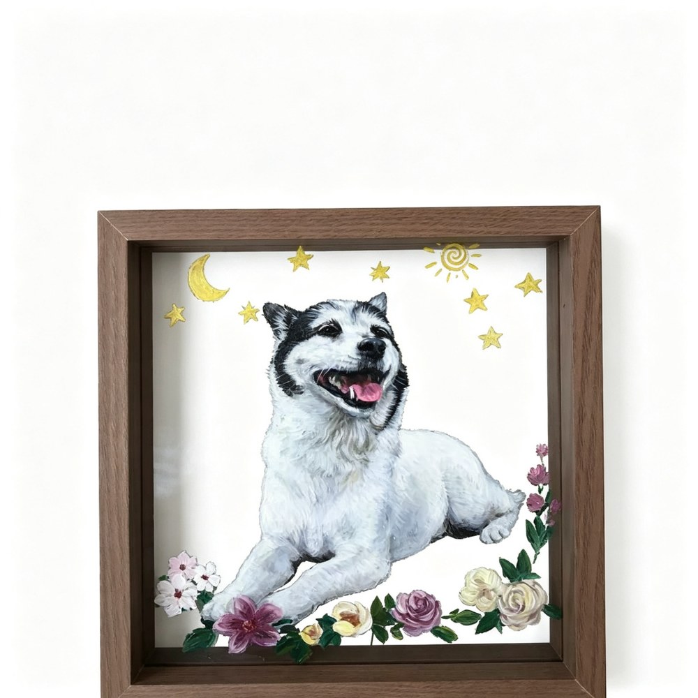 Custom Hand-Painted Pet Oil Painting — Realistic Dog & Cat Portrait Art on Glass Frame, Memorial Artwork