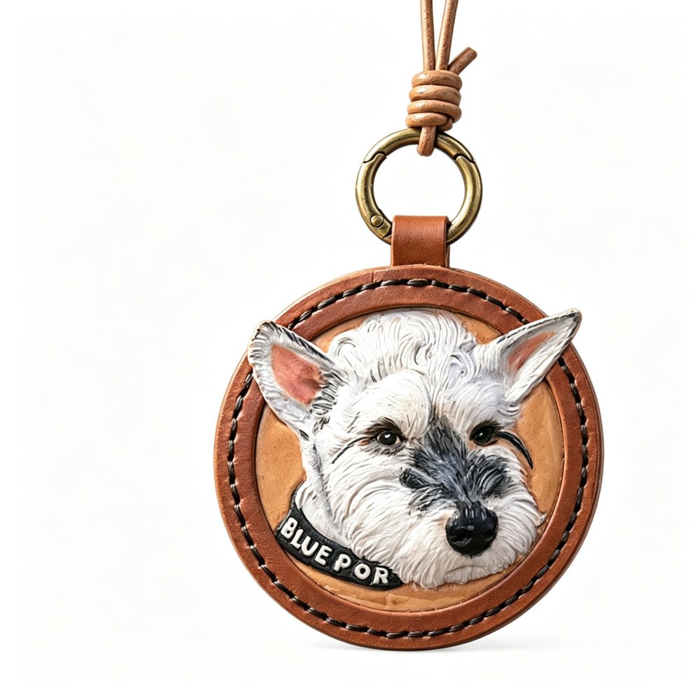 Custom Handmade Leather Pet Relief Pendant — 3D Sculpted Dog & Cat Leather Keychain Charm, Memorial Keepsake