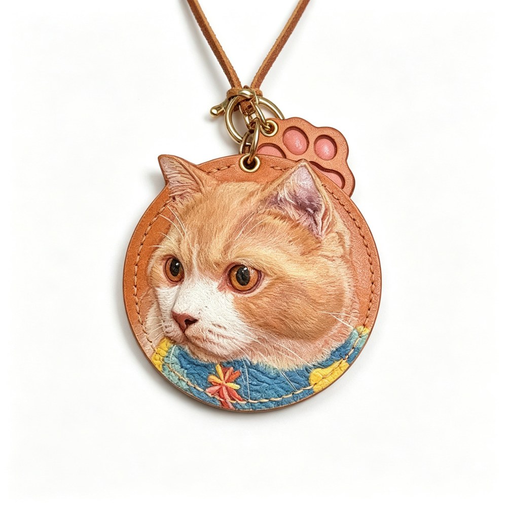 Custom Handmade Leather Pet Relief Pendant — 3D Sculpted Dog & Cat Leather Keychain Charm, Memorial Keepsake